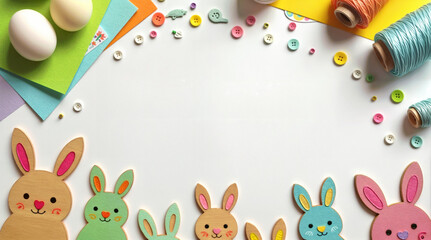 Fototapeta premium Colorful Easter decorations with bunnies and craft supplies 