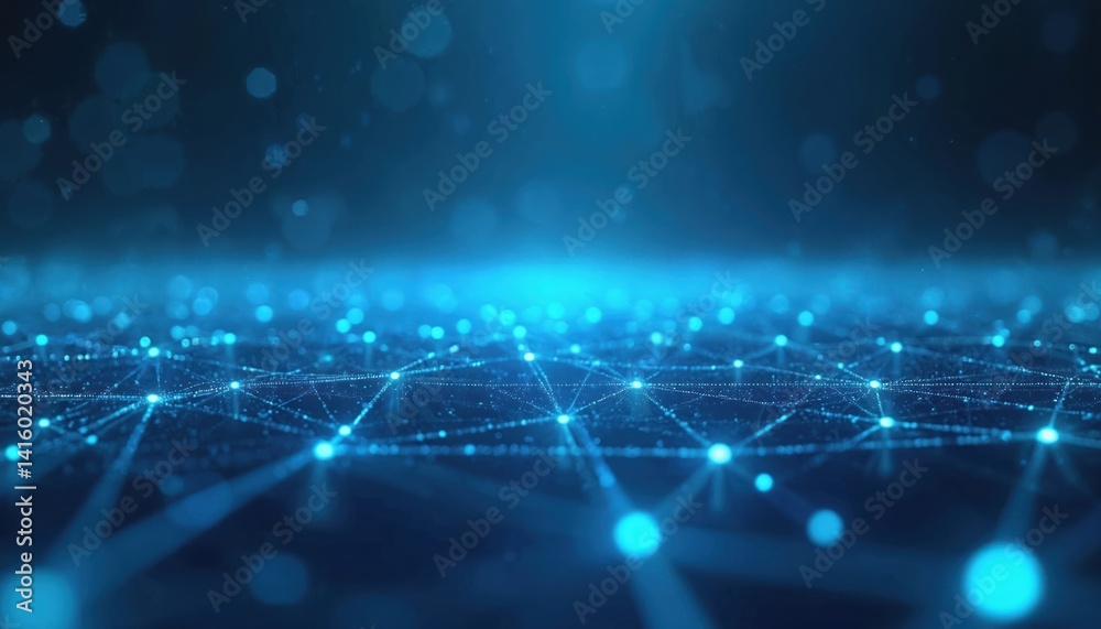 Poster Futuristic tech background with glowing nodes connected by lines. Digital network concept with data transfer, communication. High-tech modern design, data visualization, internet, cloud computing.