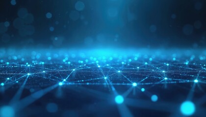 Obraz premium Futuristic tech background with glowing nodes connected by lines. Digital network concept with data transfer, communication. High-tech modern design, data visualization, internet, cloud computing.