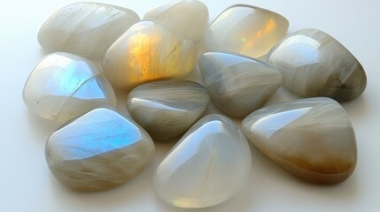 Collection of moonstones with soft glow laid out on a smooth white backdrop