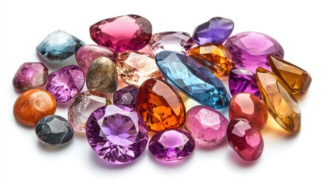 Collection of sparkling loose gemstones in various colors and cuts arranged neatly on a clean white background
