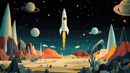 this flat-style modern illustration shows a rocket flying in space in paper art style.