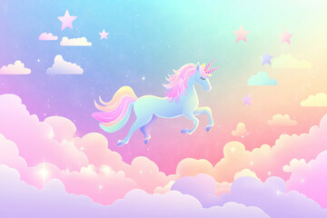 holographic fantasy rainbow unicorn background with clouds and stars. pastel color sky. magical landscape, abstract fabulous pattern. cute candy wallpaper. vector.