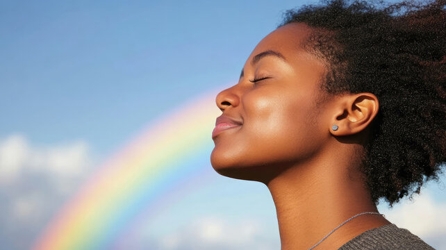 happy young black woman breathing fresh air outdoors in nature. african american female meditating outside practicing wellness meditating deep breathing. blue sky and rainbow. inclusive pride