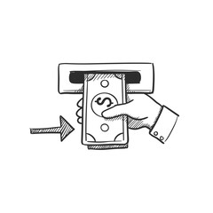 Withdrawal Sketch Icon. Hand taking cash from ATM, monochrome design. Cash access, banking transaction concept. Financial app symbol, money graphic, ATM service illustration