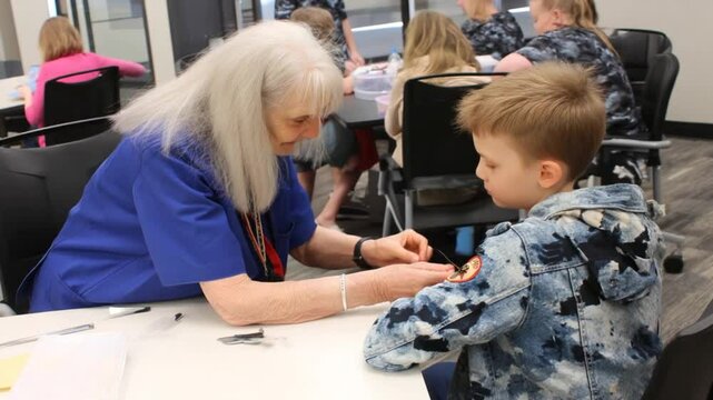Grandma Sews a Patch on Her Grandson's Denim Jacket in Shared Activity Generative AI