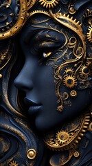 Fototapeta premium Woman's face is adorned with golden steampunk elements in a dark blue color scheme, creating an elaborate and artistic visage.