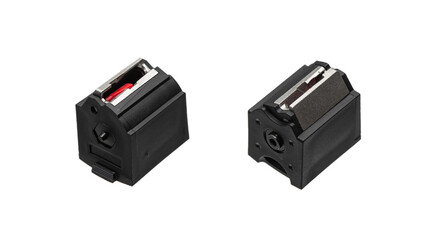 Two black .22 LR rifle magazines with metal feed lips, isolated on white back