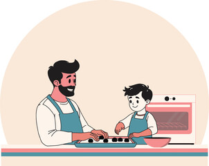 father day cooking, wearing aprons happily bake together in the kitchen ,Celebrating bonding moments, Perfect for Father's Day greeting designs.