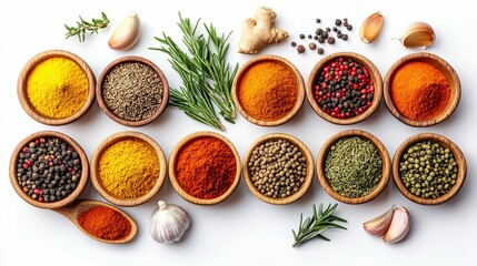 Colorful array of spices and herbs in small wooden bowls.