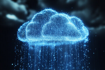 Flow of data from digital cloud in the future digital rain and cloud computing. Abstract digital rain of binary code in blue on a black background. 