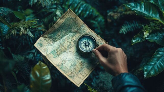Vintage map and compass in jungle setting - Powered by Adobe