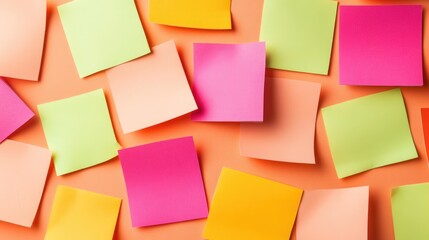 Fototapeta premium Office tools and inspirational sticky notes over a warm orange and pink background