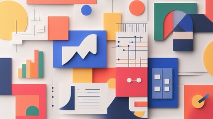 Online learning icons and digital tools arranged artistically over a high contrast colorful background
