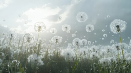A field of dandelions with seeds floating in the soft sunlight.