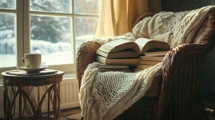 Reading nook with a pile of books, cozy blanket, and a cup of tea on a side table, perfect for focused study time