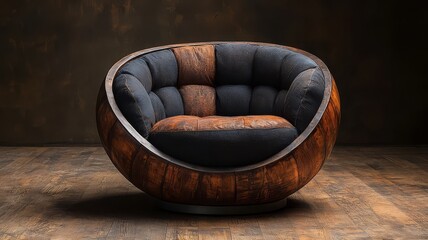 Fototapeta premium Stylish modern lounge chair with a unique curved design, featuring rich wood and plush upholstery, perfect for contemporary interior decor.