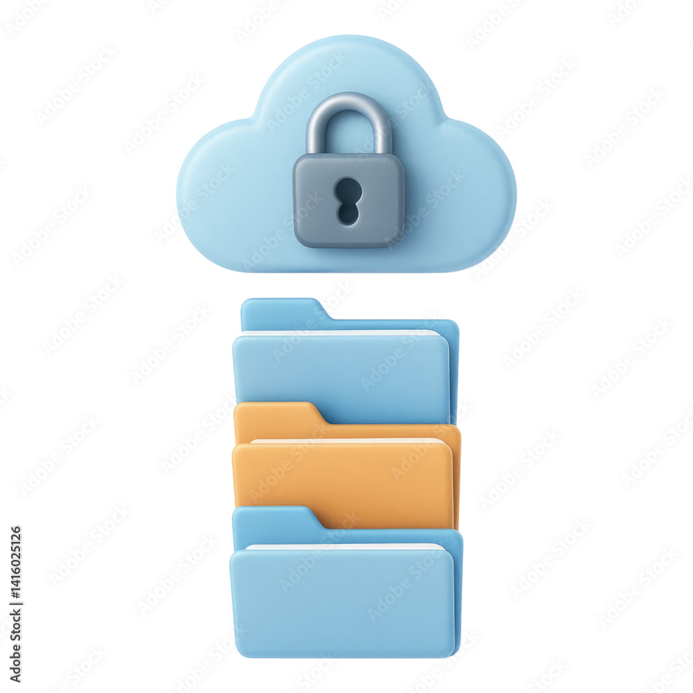 Poster secure cloud storage 3d of locked cloud icon stacked folders representing data protection online fil