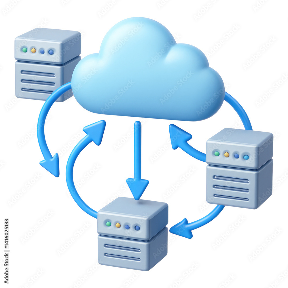 Poster secure cloud data storage system 3d of servers syncing data with cloud, isolated on transparent back