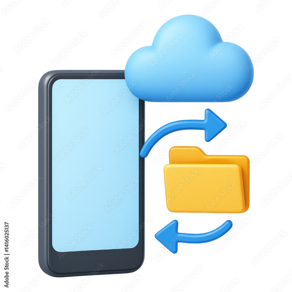 Poster smartphone cloud storage secure data transfer backup of files via mobile app, isolated on transparen