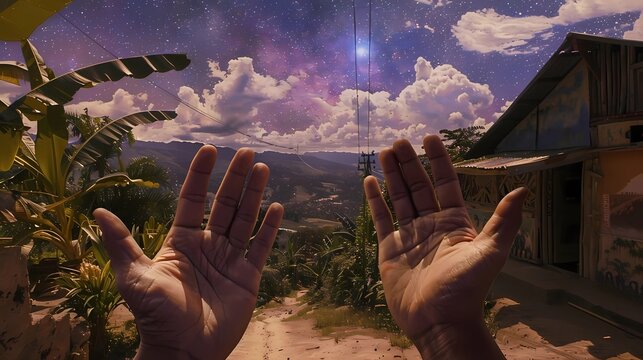 The two hand palms of the viewer, of a young man, cear lucid scenery of stary day sky,  blue purple sunny sky, ba vally with a narrow crick runing through it in the faded background, Generative AI ill