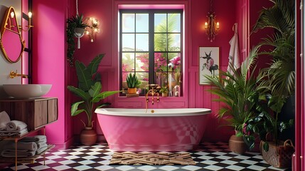 An eclectic bathroom, in the style, wooden modules and window frame in magenta color, elegant bathtub, Generative AI illustrations.