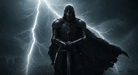 A cinematic shot of a warrior wearing a weathered iron helmet, standing alone on a rocky outcrop as a storm rages around them. The wind whips at their cloak