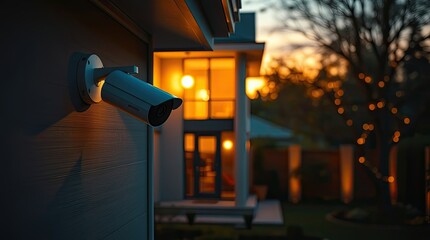 A security camera is mounted on a house overlooking a tranquil yard illuminated by warm lights as the sun sets creating a peaceful twilight atmosphere