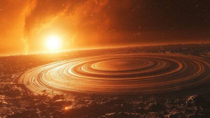 Fototapeta premium Hypnotic orange planet with mesmerizing rings floating in deep cosmos