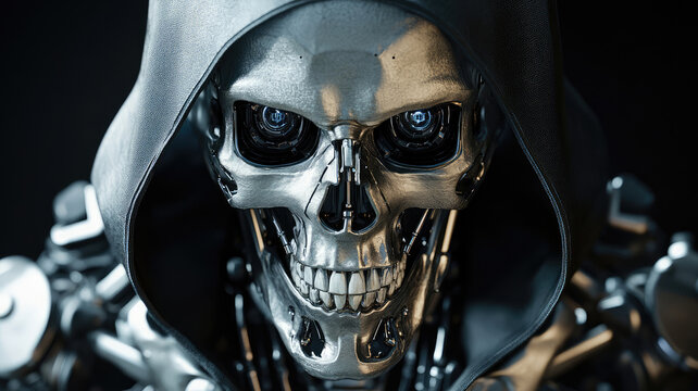 evil skeleton robot in metal armor. skull of futuristic evil cyborg in hood. technology, robotics, artificial intelligence and future concept.