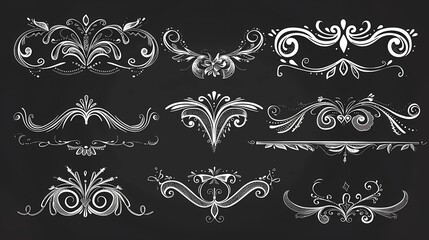 Fototapeta premium A set of hand drawn decorative corner lines and simple vector graphics on a black and transparent background, Generative AI illustrations.