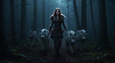 A lone huntress moves silently through the forest, accompanied by a pack of wolves. The night is dark, but the huntress’s sharp eyes pierce through the shadows as the wolves silently track their prey