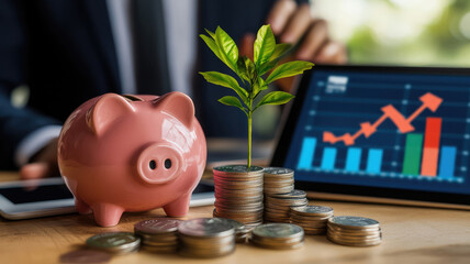 growing money with plant on coins piggy bank rising bar chart and businessman with tablet background. financial and investment concept. savings money cash flow economics and business,