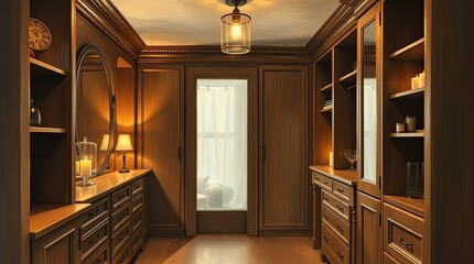 Cozy wooden interior features built in shelving and soft lighting that creates a warm ambiance suitable for relaxation or enjoying a good book