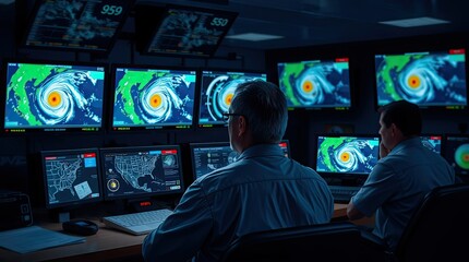 Two professionals analyze multiple screens displaying hurricane tracking maps and weather data in a control center during nighttime operations