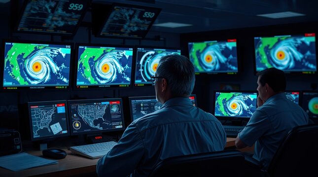 Two professionals analyze multiple screens displaying hurricane tracking maps and weather data in a control center during nighttime operations
