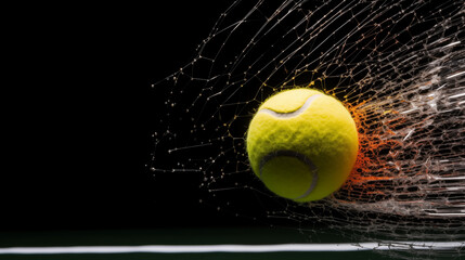 A tennis ball breaks a tennis net at high speed. AI Generated