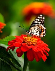 butterfly feeding on a red flower