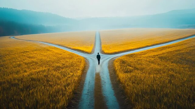 Decision Crossroads: A lone figure stands at a symbolic crossroads, three distinct paths diverging into the unknown, embodying the universal human journey of choice, the photograph.