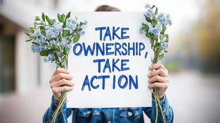 A young woman of Caucasian descent holds a sign with inspiring text while surrounded by flowers, promoting action and personal responsibility.