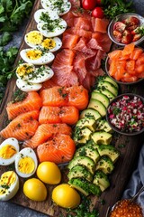 Fresh salmon platter showcasing eggs, avocado, and vibrant vegetables on a rustic wooden board for healthy eating