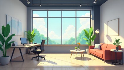 Sunlit Modern Office with Green Landscape View