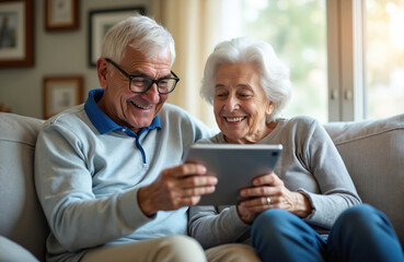 Happy senior couple enjoys video call on tablet at home. Smiling elderly man, woman communicate remotely online. Grandmother, grandfather have fun using tech, modern cyberspace connection.