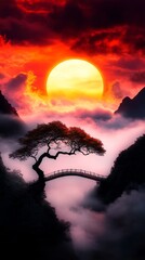 A solitary tree stands connected by a small wooden bridge amidst the misty mountains, all beneath a vibrant sunset sky!