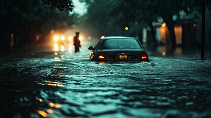 Urban street flooded by heavy rainfall at night.