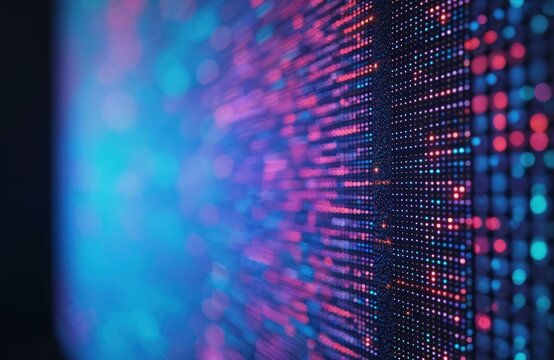Close-up LED panel light background texture. Digital display with primary RGB colors. Dots grid pattern for background design. Abstract modern technology background with pixelated dots. Use for data