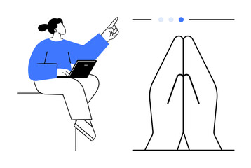 Woman using a laptop gestures towards a symbol of praying hands above. Ideal for spiritual guidance, online learning, mindfulness, teamwork, collaboration, digital media, simple landing page
