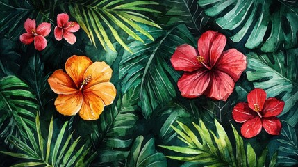 Watercolor Tropical Hibiscus Flowers and Lush Green Leaves