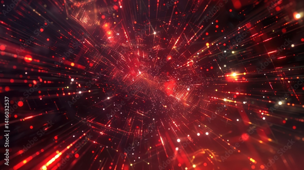 Poster eye-catching abstract red background featuring dynamic light effects and particles, ideal for techno