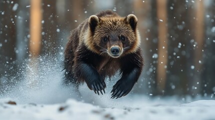 Obraz premium Fierce wolverine charging through a snowy forest powerful body covered in thick fur intense gaze locked on its prey